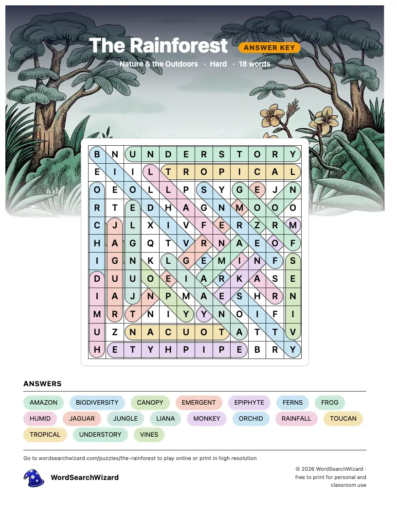 The Rainforest word search answer key, all 18 words marked