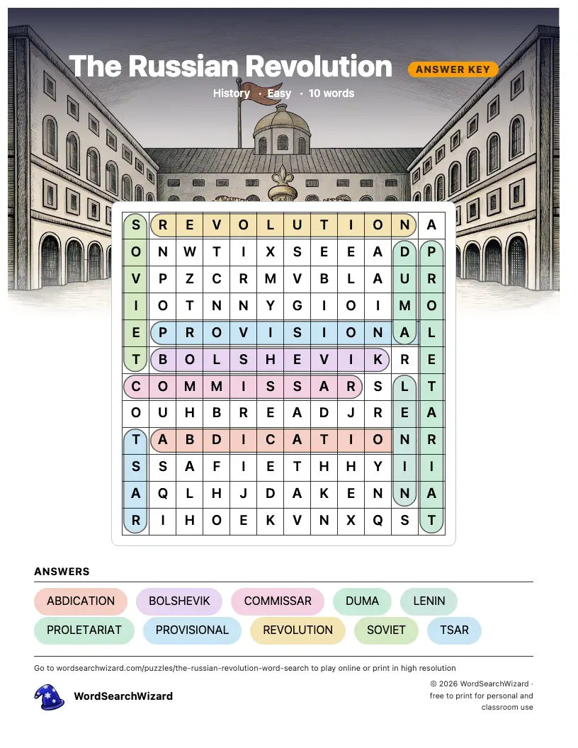 The Russian Revolution word search answer key, all 10 words marked