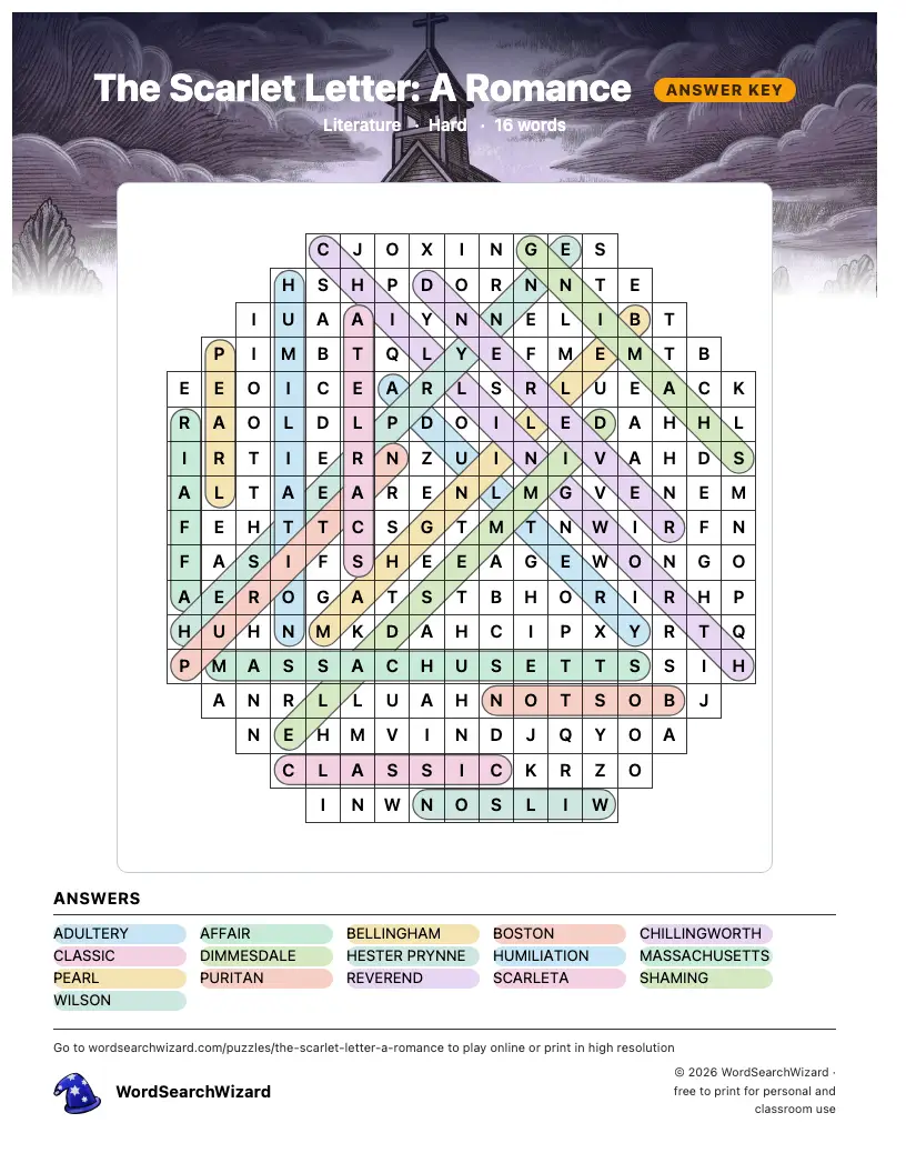 The Scarlet Letter: A Romance word search answer key, all 16 words marked