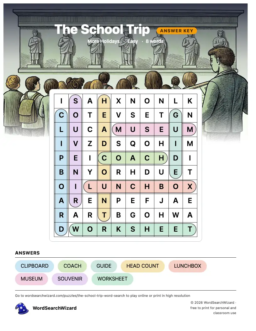 The School Trip word search answer key, all 8 words marked
