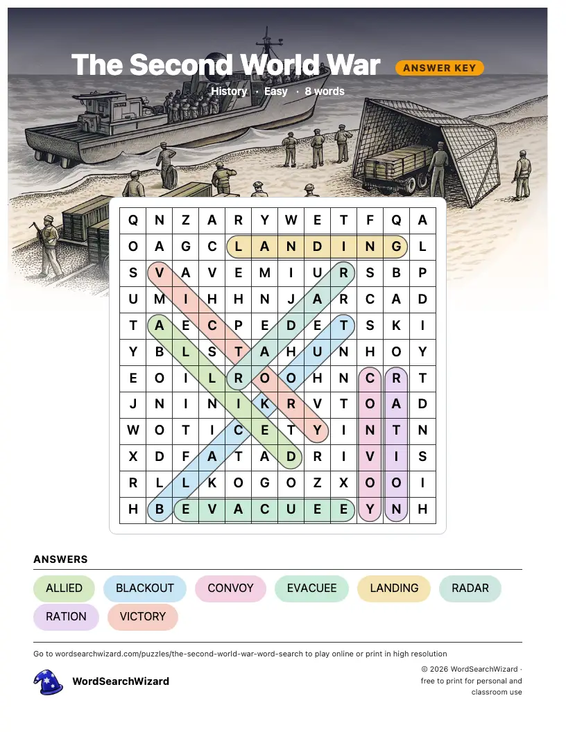 The Second World War word search answer key, all 8 words marked