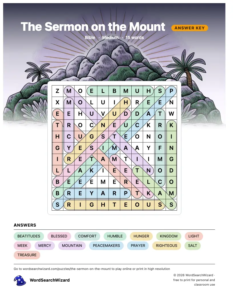 The Sermon on the Mount word search answer key, all 15 words marked