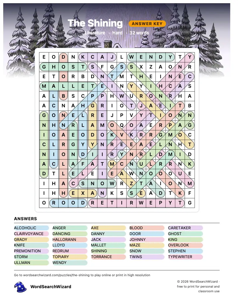 The Shining word search answer key, all 32 words marked