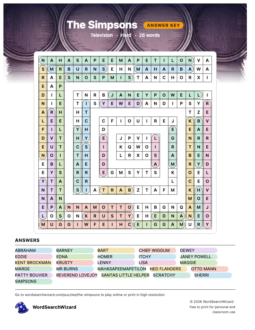 The Simpsons word search answer key, all 26 words marked