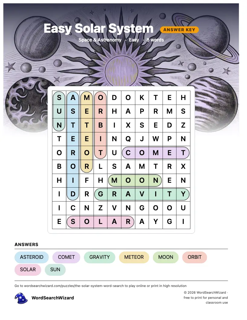 Easy Solar System word search answer key, all 8 words marked