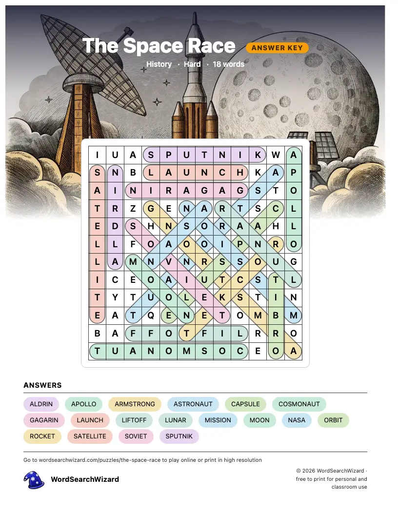 The Space Race word search answer key, all 18 words marked