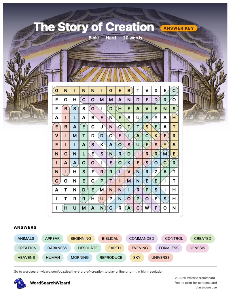 The Story of Creation word search answer key, all 20 words marked