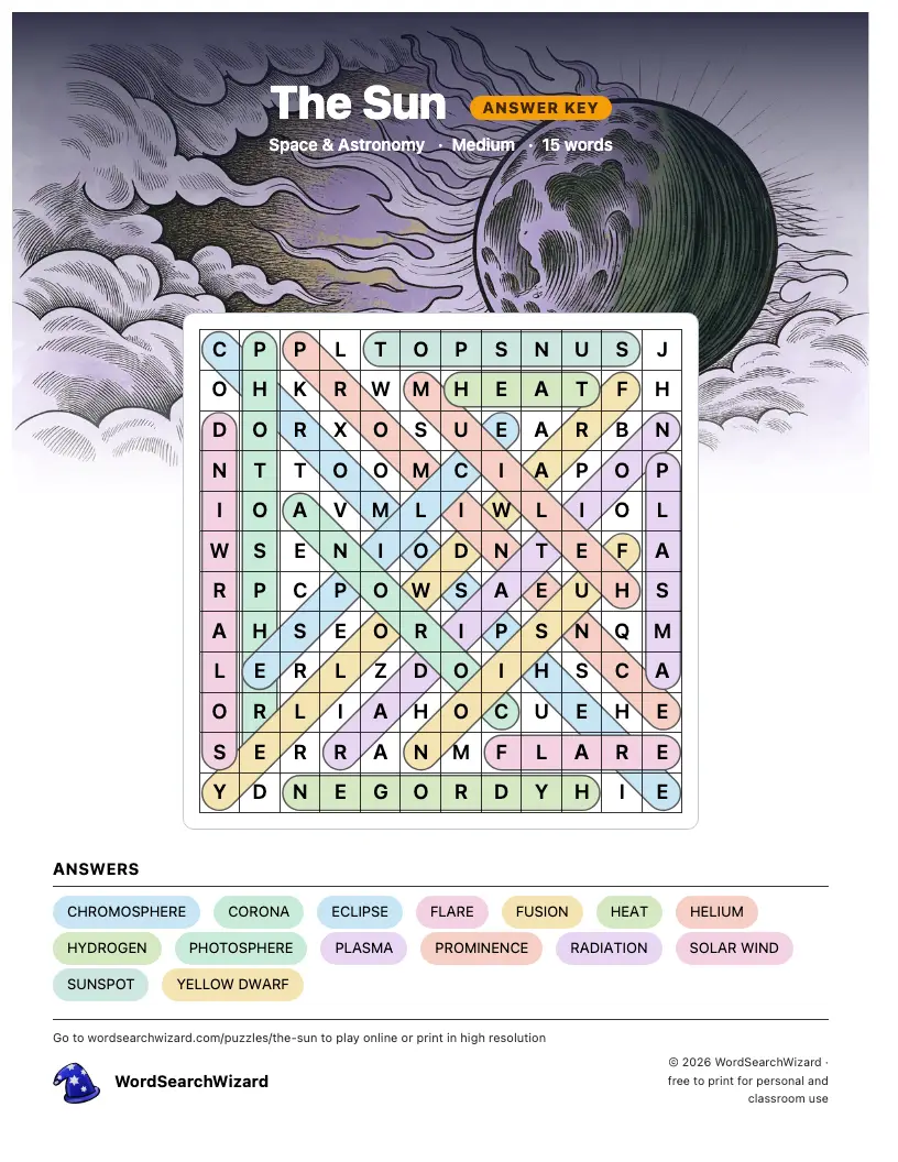The Sun word search answer key, all 15 words marked