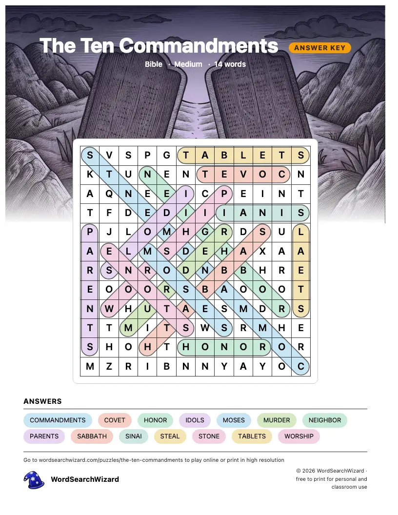 The Ten Commandments word search answer key, all 14 words marked