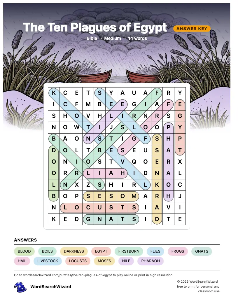 The Ten Plagues of Egypt word search answer key, all 14 words marked