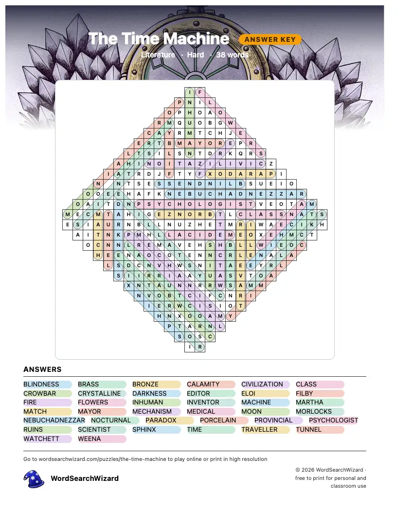 The Time Machine word search answer key, all 38 words marked