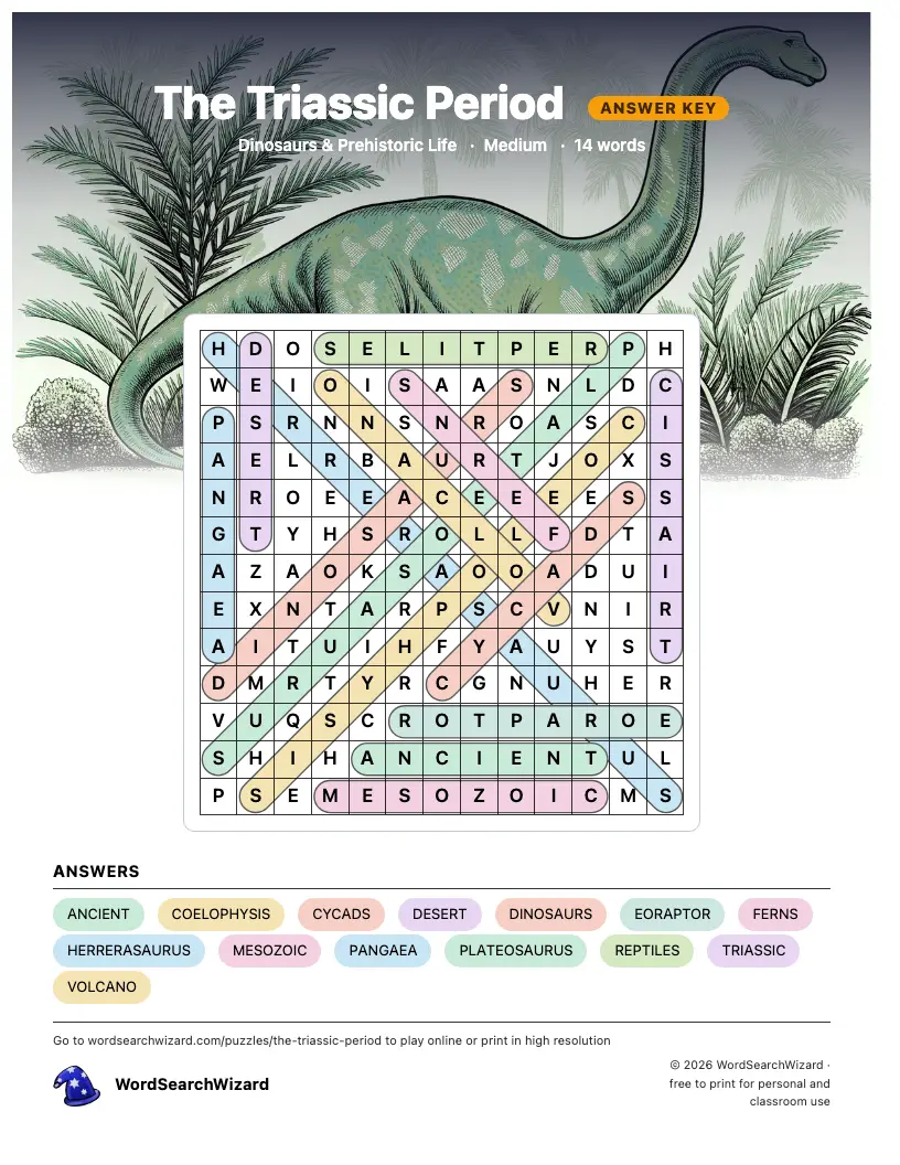 The Triassic Period word search answer key, all 14 words marked