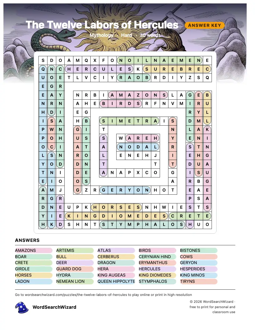 The Twelve Labors of Hercules word search answer key, all 30 words marked