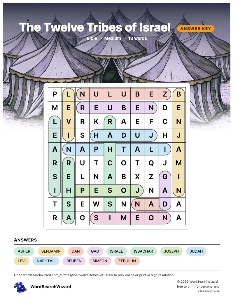 The Twelve Tribes of Israel word search answer key, all 13 words marked