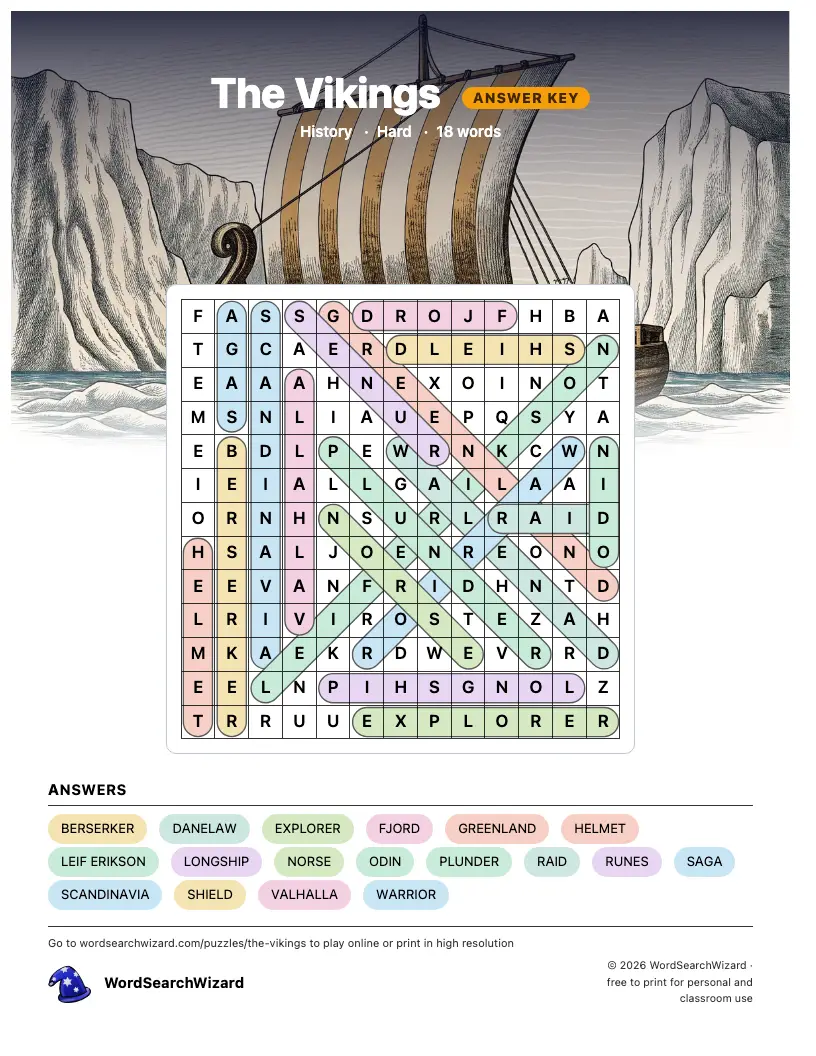 The Vikings word search answer key, all 18 words marked