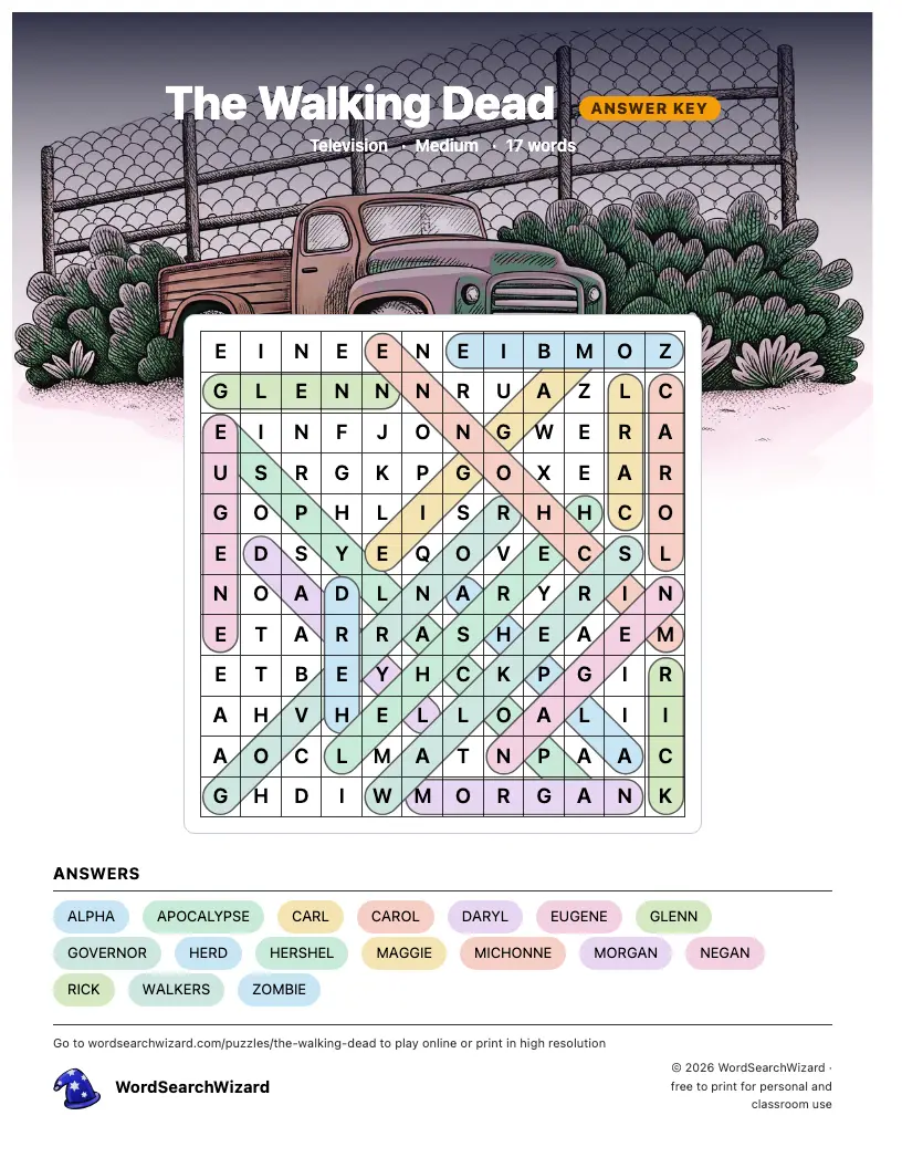 The Walking Dead word search answer key, all 17 words marked