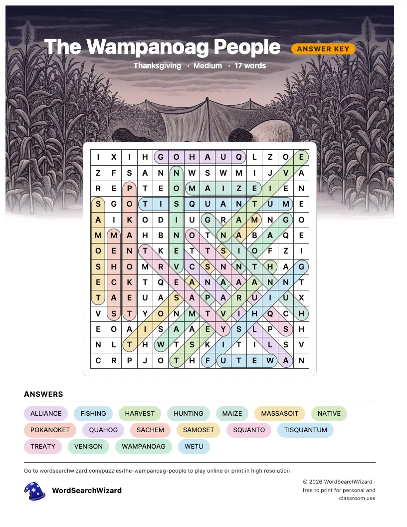 The Wampanoag People word search answer key, all 17 words marked