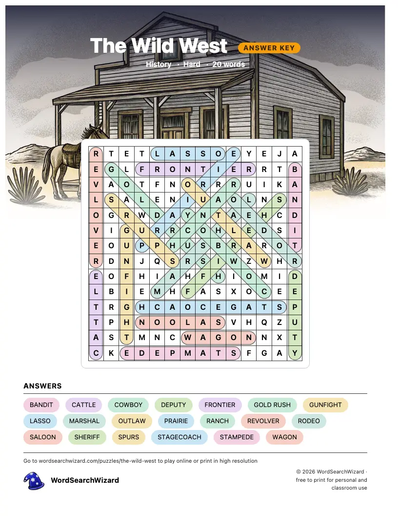 The Wild West word search answer key, all 20 words marked