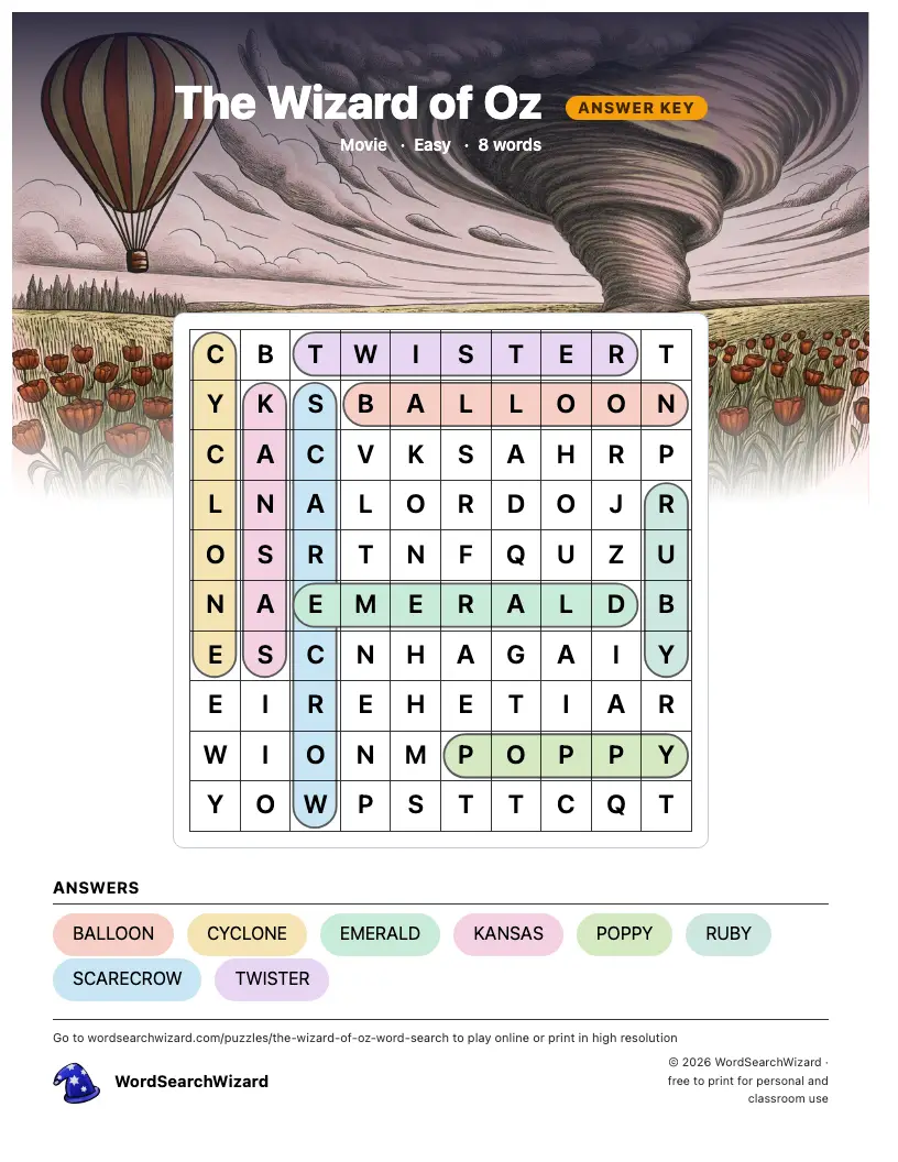 The Wizard of Oz word search answer key, all 8 words marked