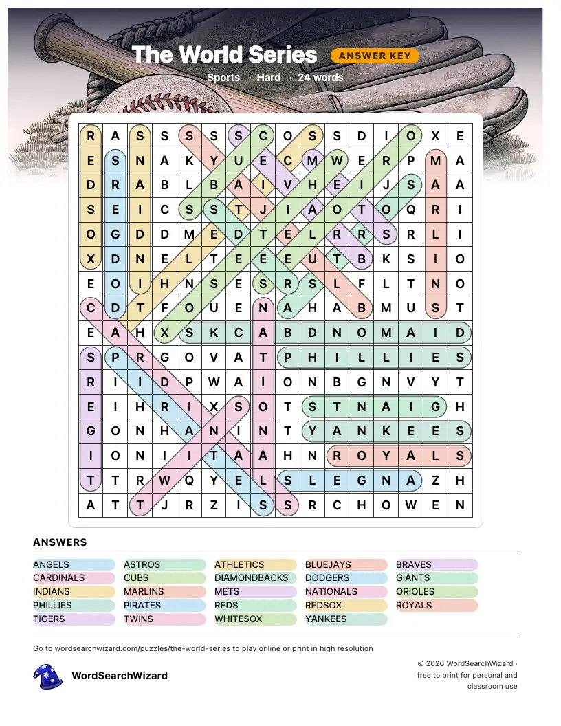 The World Series word search answer key, all 24 words marked
