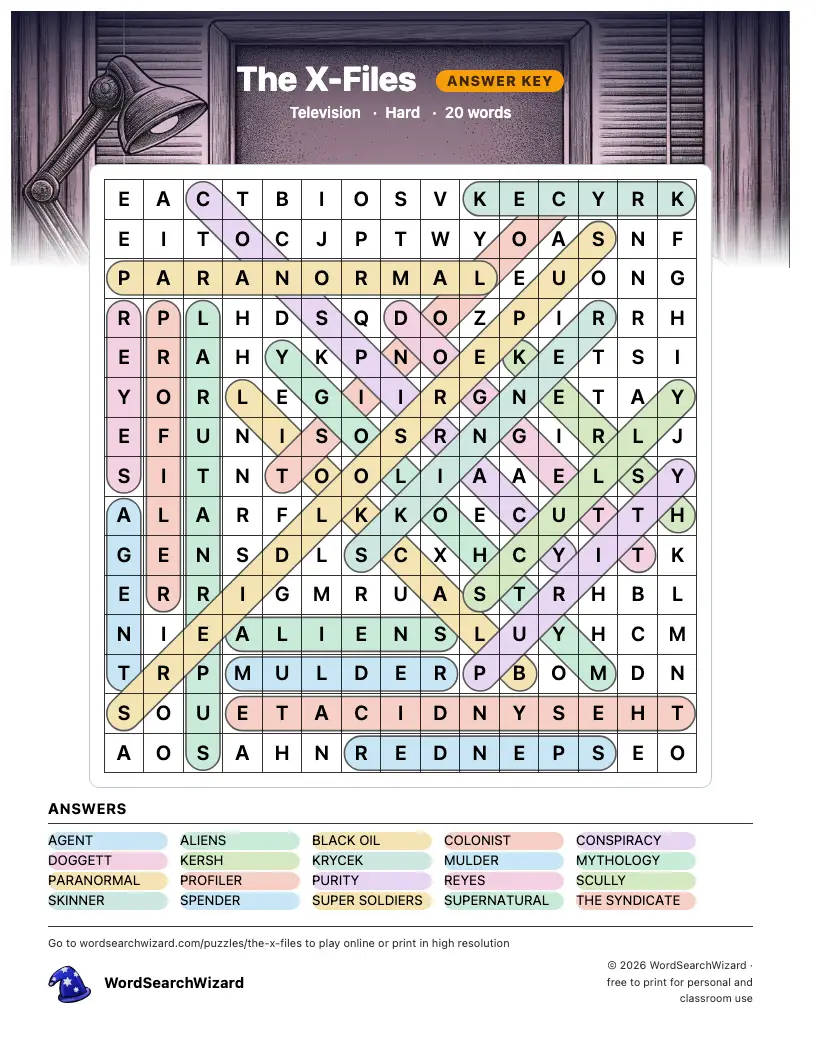 The X-Files word search answer key, all 20 words marked