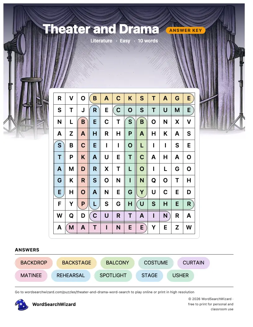 Theater and Drama word search answer key, all 10 words marked