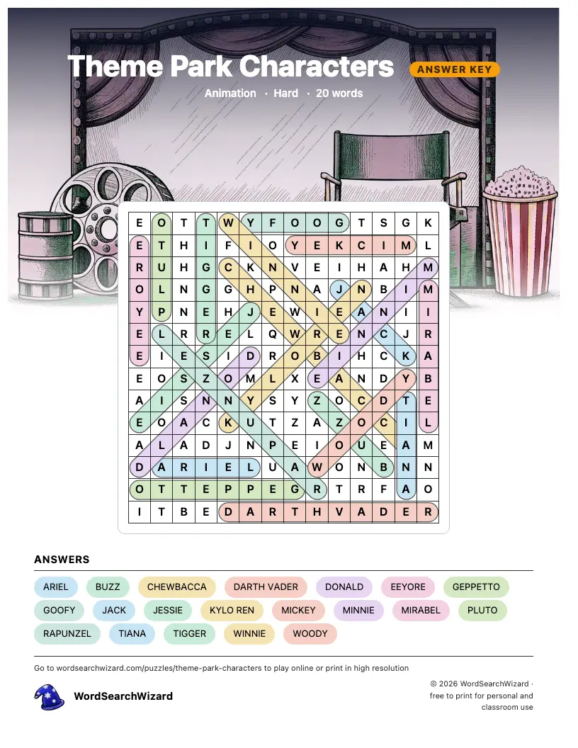 Theme Park Characters word search answer key, all 20 words marked