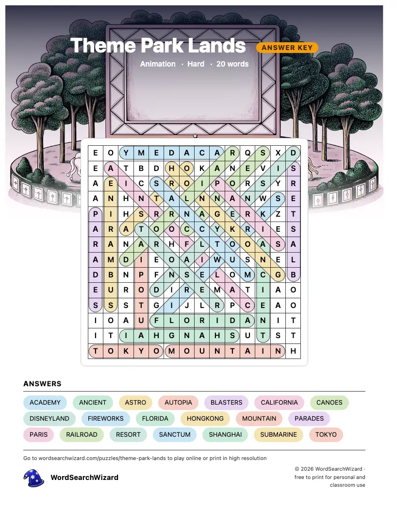 Theme Park Lands word search answer key, all 20 words marked