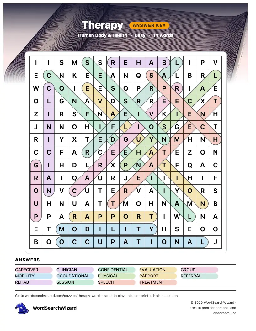 Therapy word search answer key, all 14 words marked