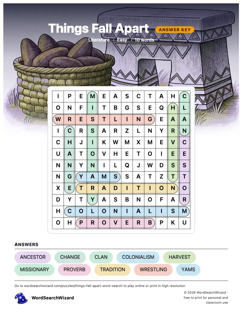 Things Fall Apart word search answer key, all 10 words marked
