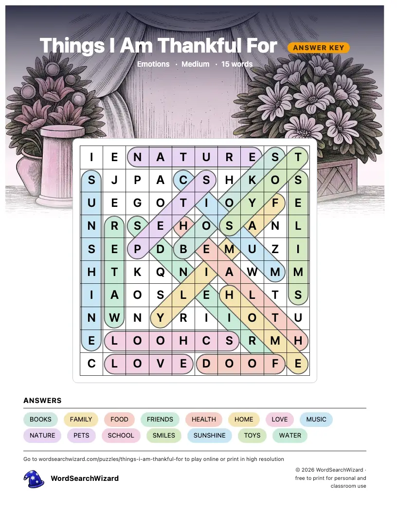 Things I Am Thankful For word search answer key, all 15 words marked