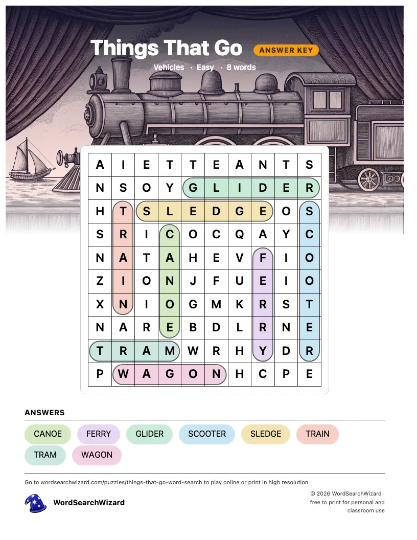 Things That Go word search answer key, all 8 words marked