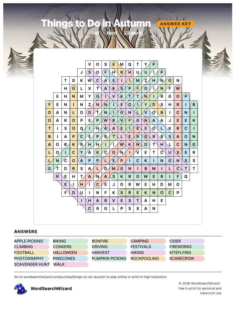 Things to Do in Autumn word search answer key, all 22 words marked