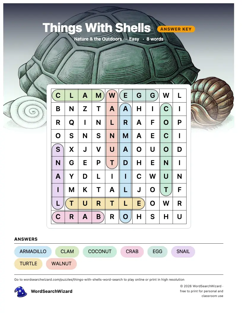 Things With Shells word search answer key, all 8 words marked
