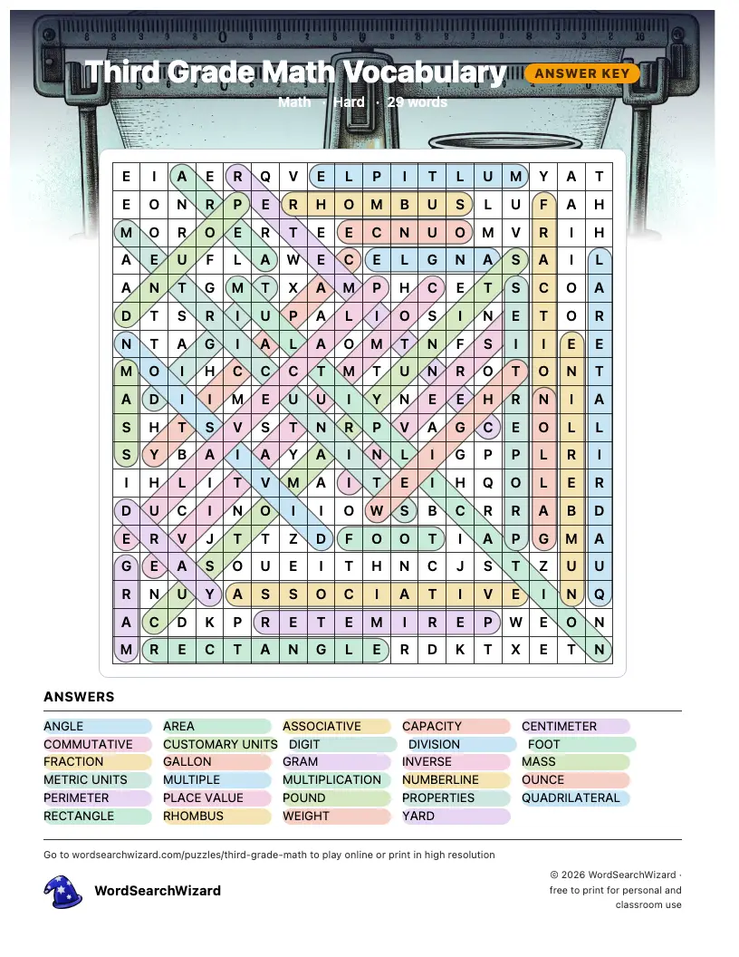 Third Grade Math Vocabulary word search answer key, all 29 words marked
