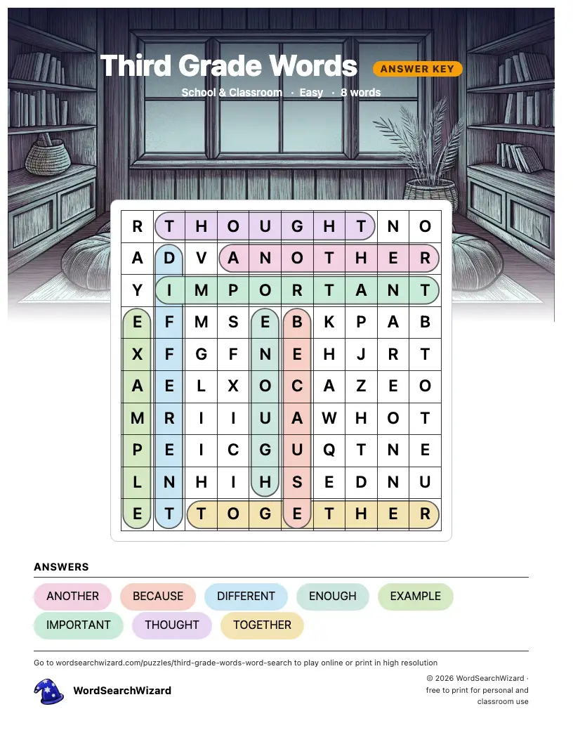 Third Grade Words word search answer key, all 8 words marked