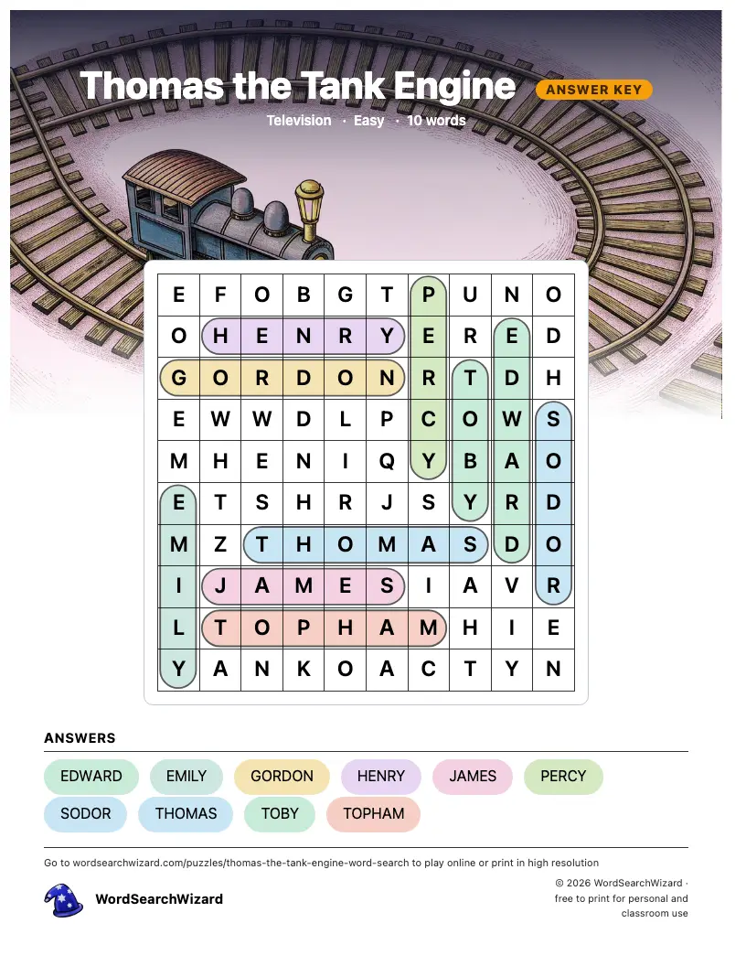 Thomas the Tank Engine word search answer key, all 10 words marked
