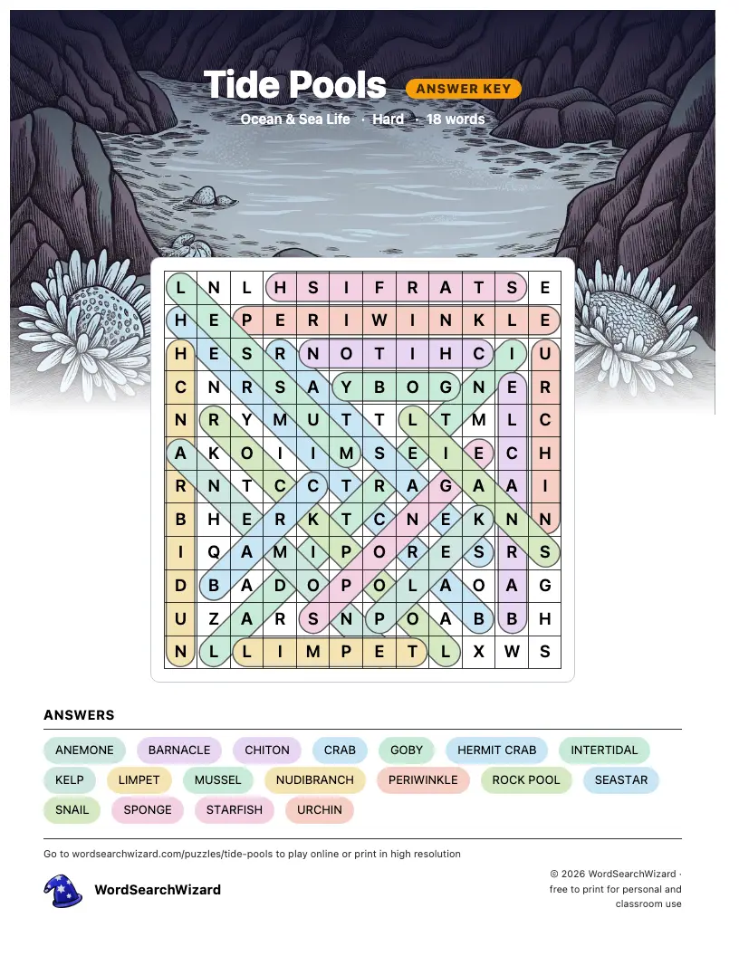 Tide Pools word search answer key, all 18 words marked