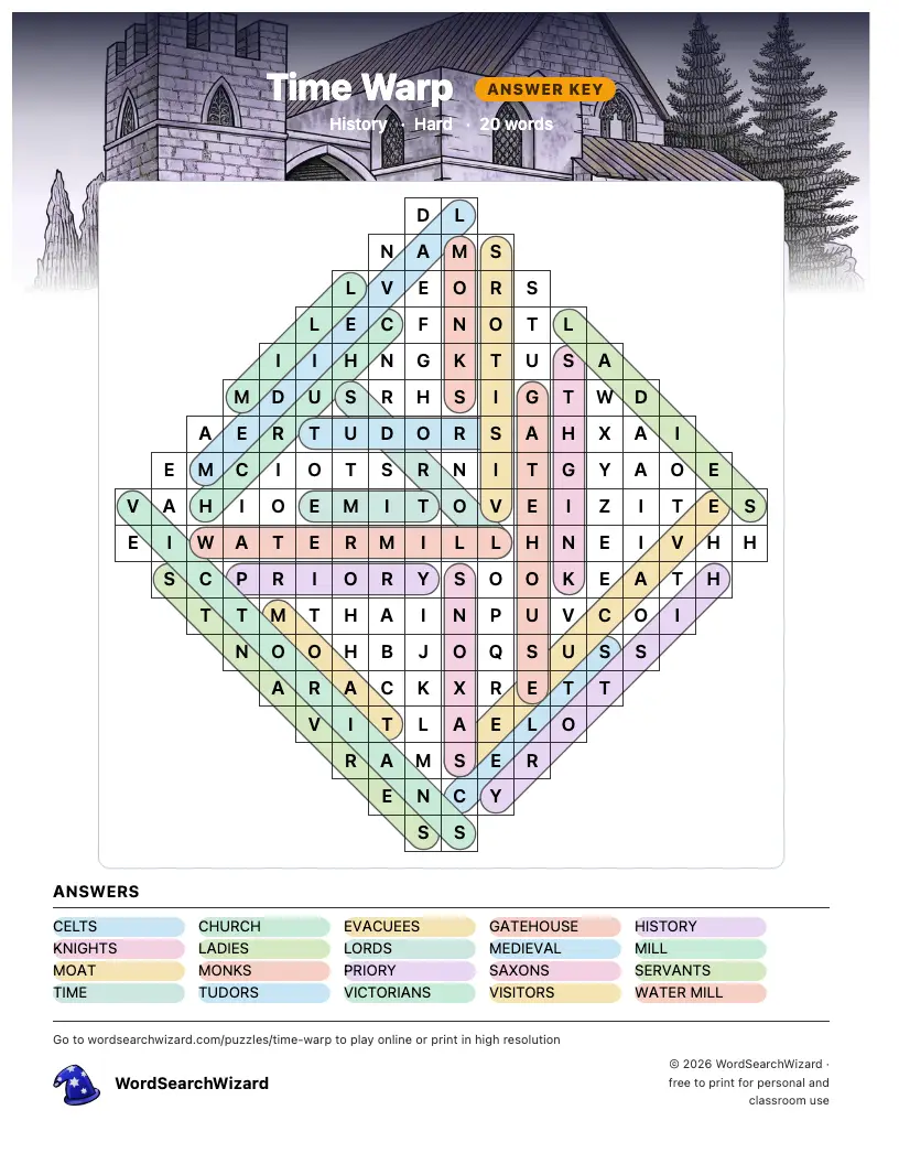 Time Warp word search answer key, all 20 words marked