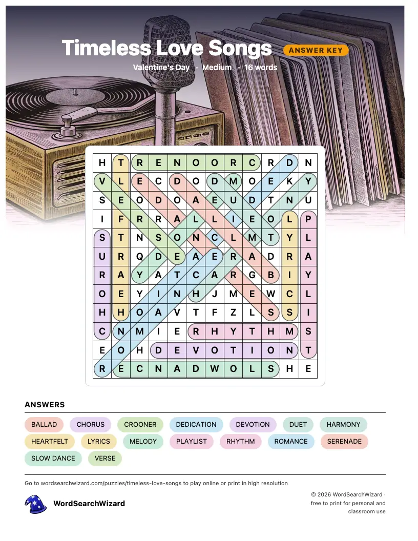 Timeless Love Songs word search answer key, all 16 words marked