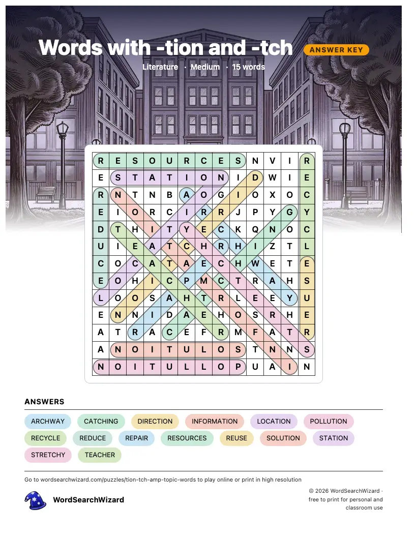 Words with -tion and -tch word search answer key, all 15 words marked