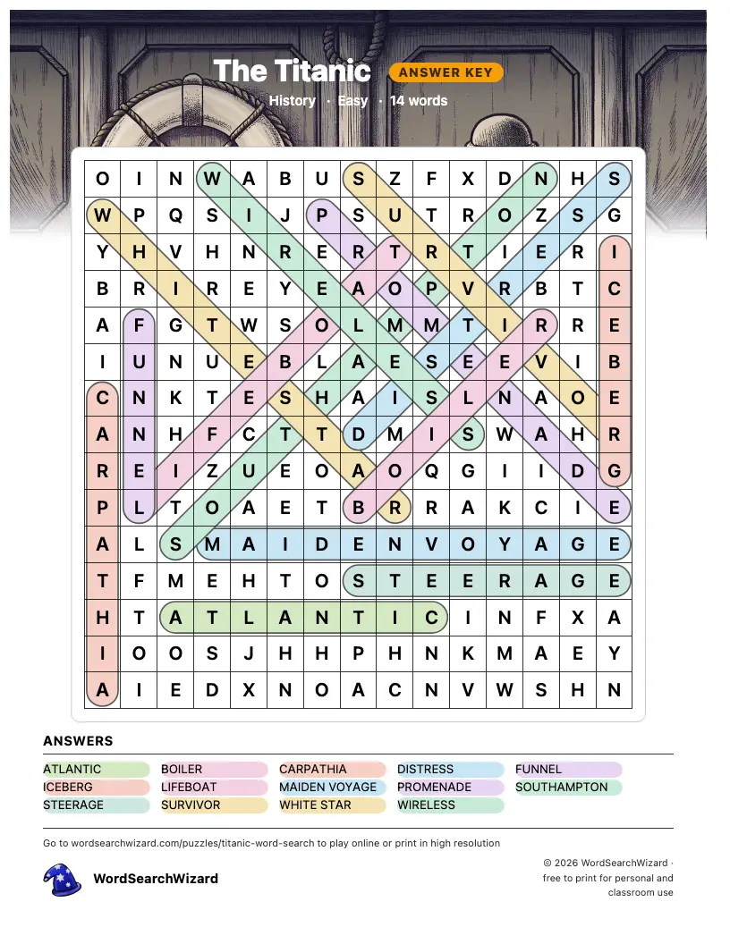The Titanic word search answer key, all 14 words marked