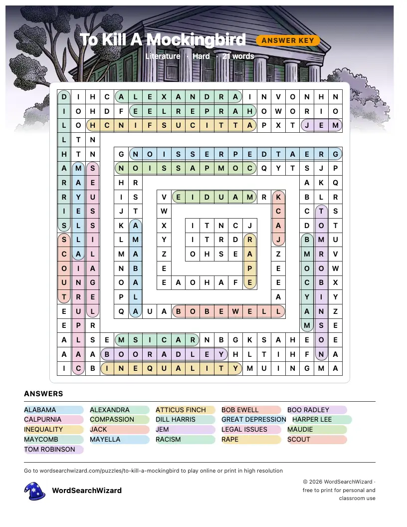 To Kill A Mockingbird word search answer key, all 21 words marked
