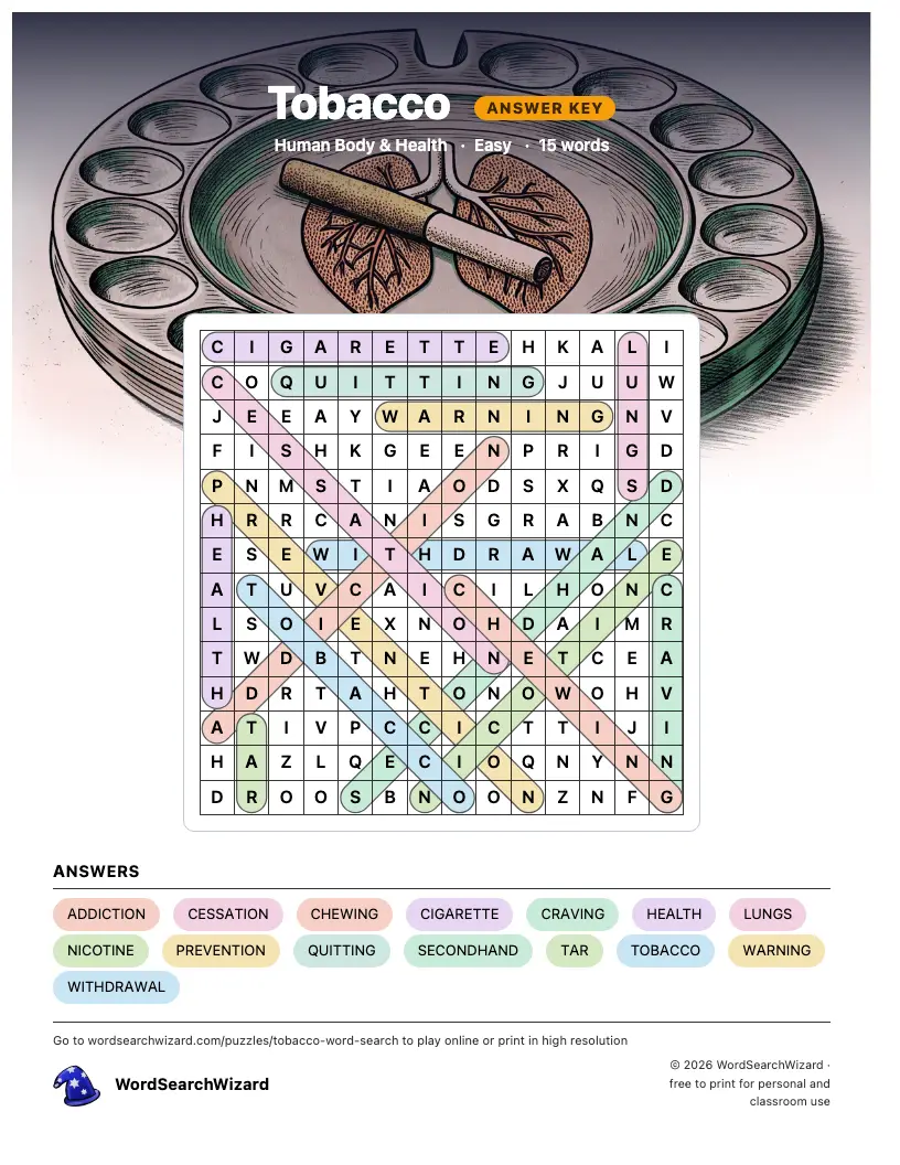 Tobacco word search answer key, all 15 words marked