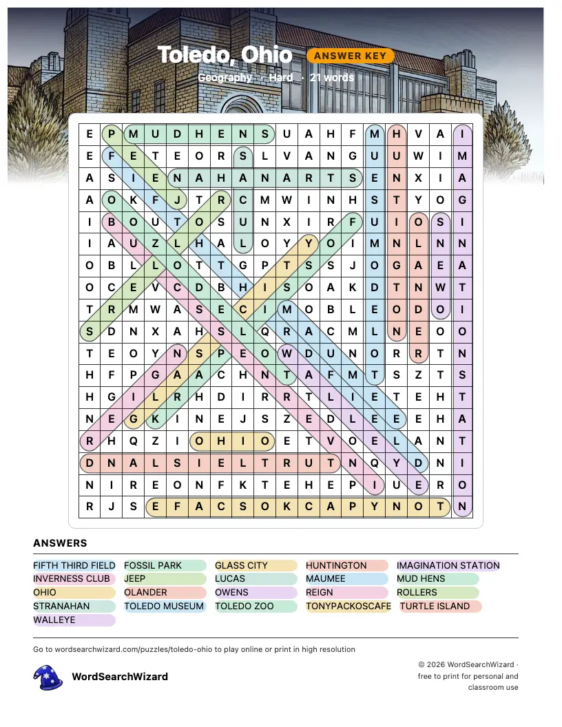 Toledo, Ohio word search answer key, all 21 words marked