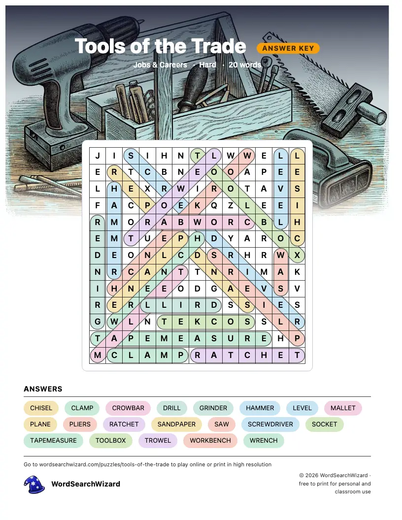 Tools of the Trade word search answer key, all 20 words marked