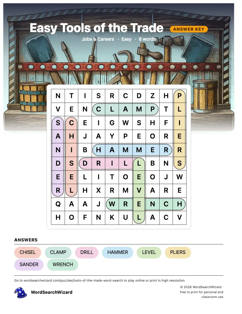 Easy Tools of the Trade word search answer key, all 8 words marked