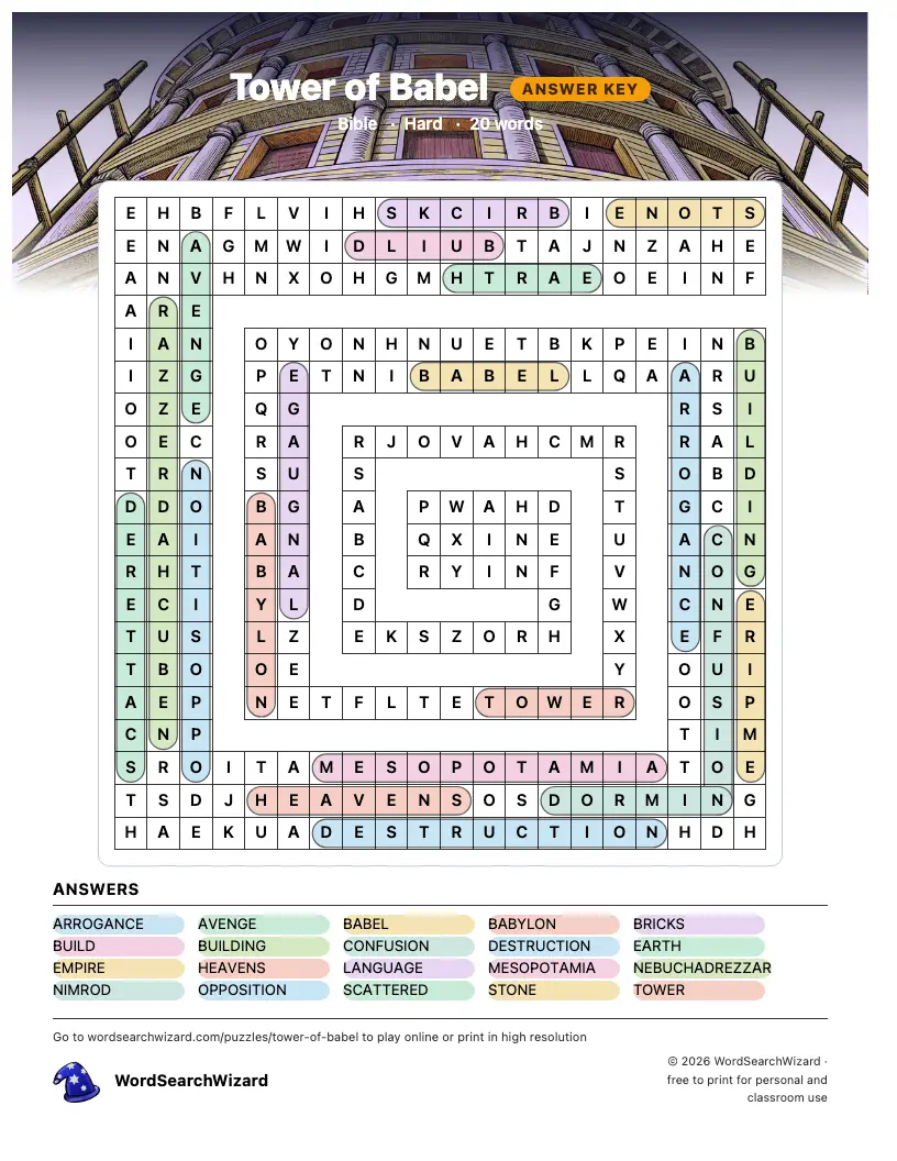 Tower of Babel word search answer key, all 20 words marked