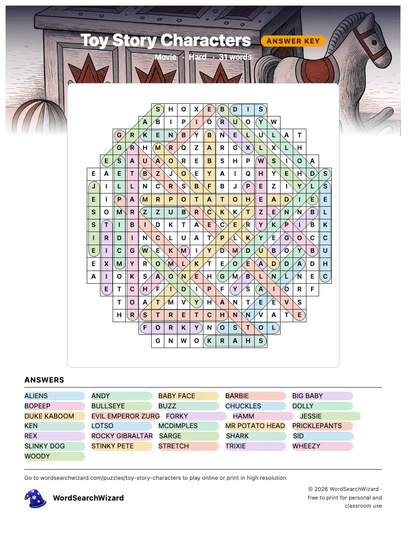 Toy Story Characters word search answer key, all 31 words marked