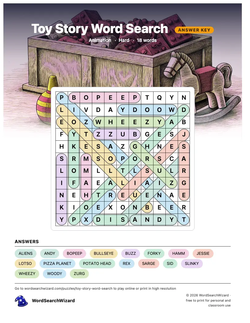 Toy Story word search answer key, all 18 words marked